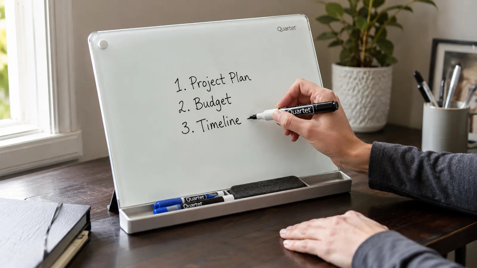 Hand writing the day's top three tasks on a glass desktop whiteboard with a dry erase marker