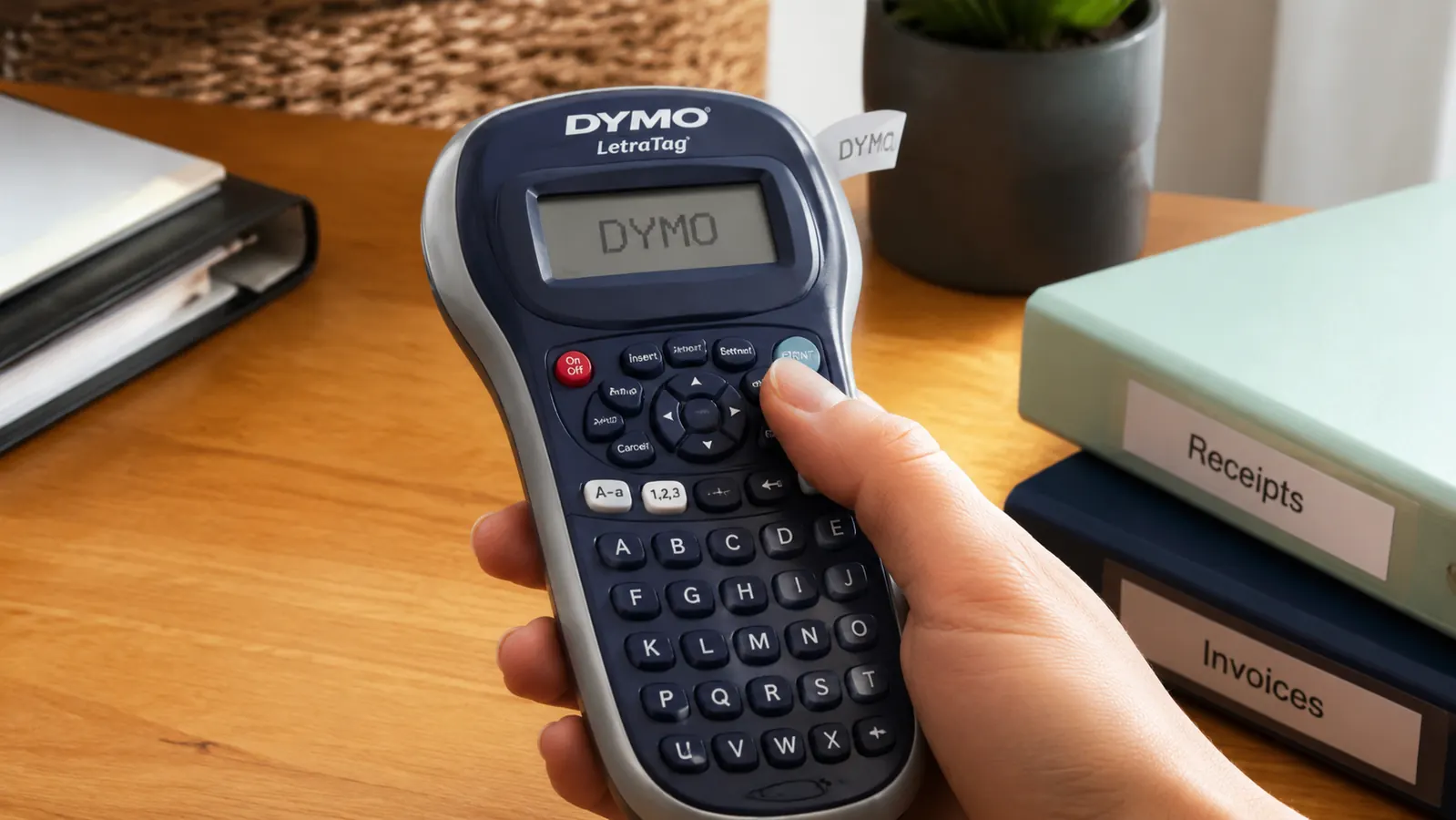 Hand printing a label with a handheld DYMO label maker at a home office desk