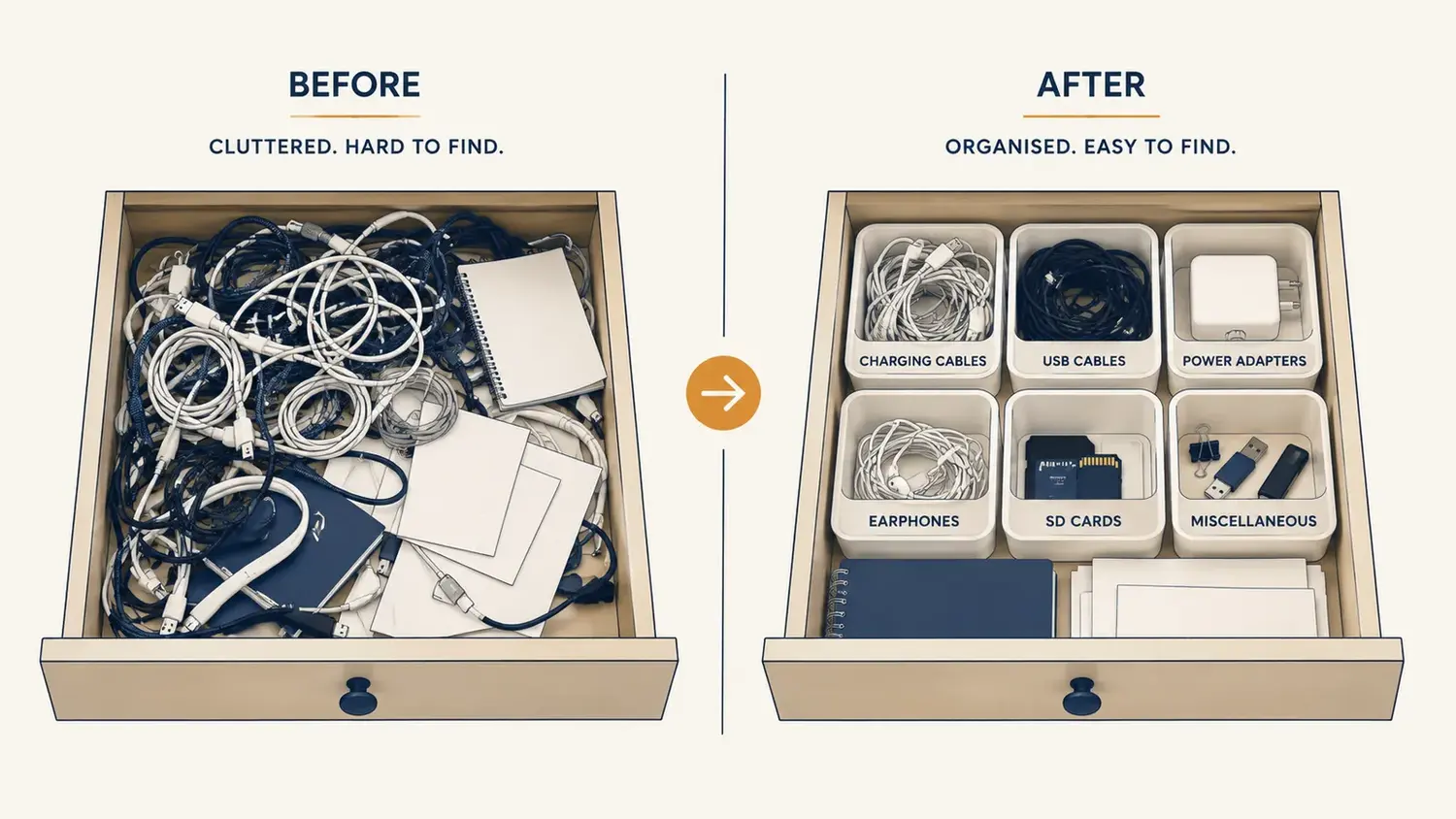 Before and after comparison of a cluttered desk drawer versus the same drawer labeled and organized