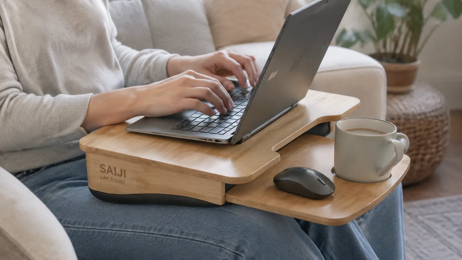 Close-up of hands typing on a laptop resting on the SAIJI lap desk's angled surface with a mouse on the flat side platform
