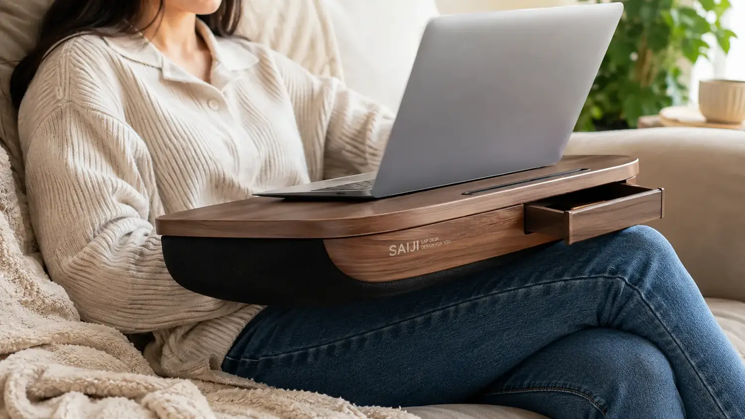 Underside view showing the lap desk's cushioned base molding to a lap while sitting on a couch cushion
