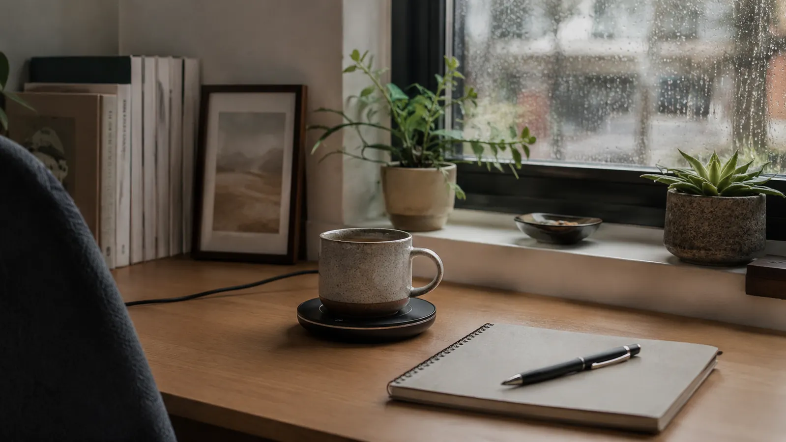 A small home office desk corner with a mug warmer, notebook, and a rainy window in the background