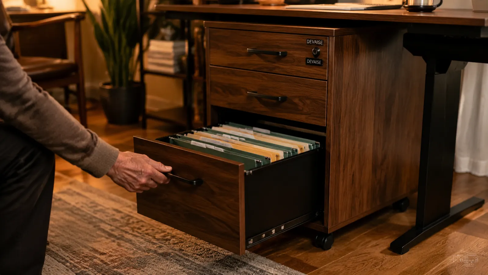 A hand pulling open the top drawer of the rolling file cabinet, revealing hanging file folders labeled by category