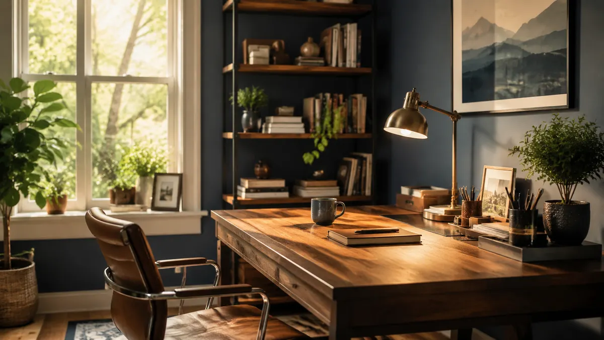 A tidy spare-bedroom home office with a wooden desk, warm lamp light, and organized work gear