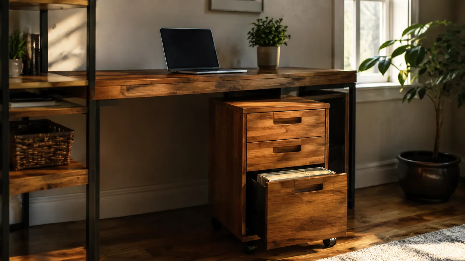 A home office desk area with the file cabinet rolled slightly to the side and the desk surface clear of paper