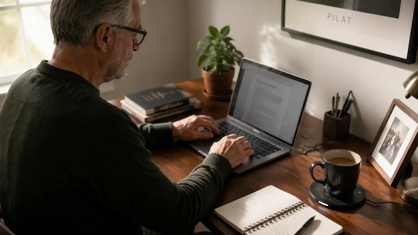A tidy home office desk with a warmer, mug, and neatly managed cords