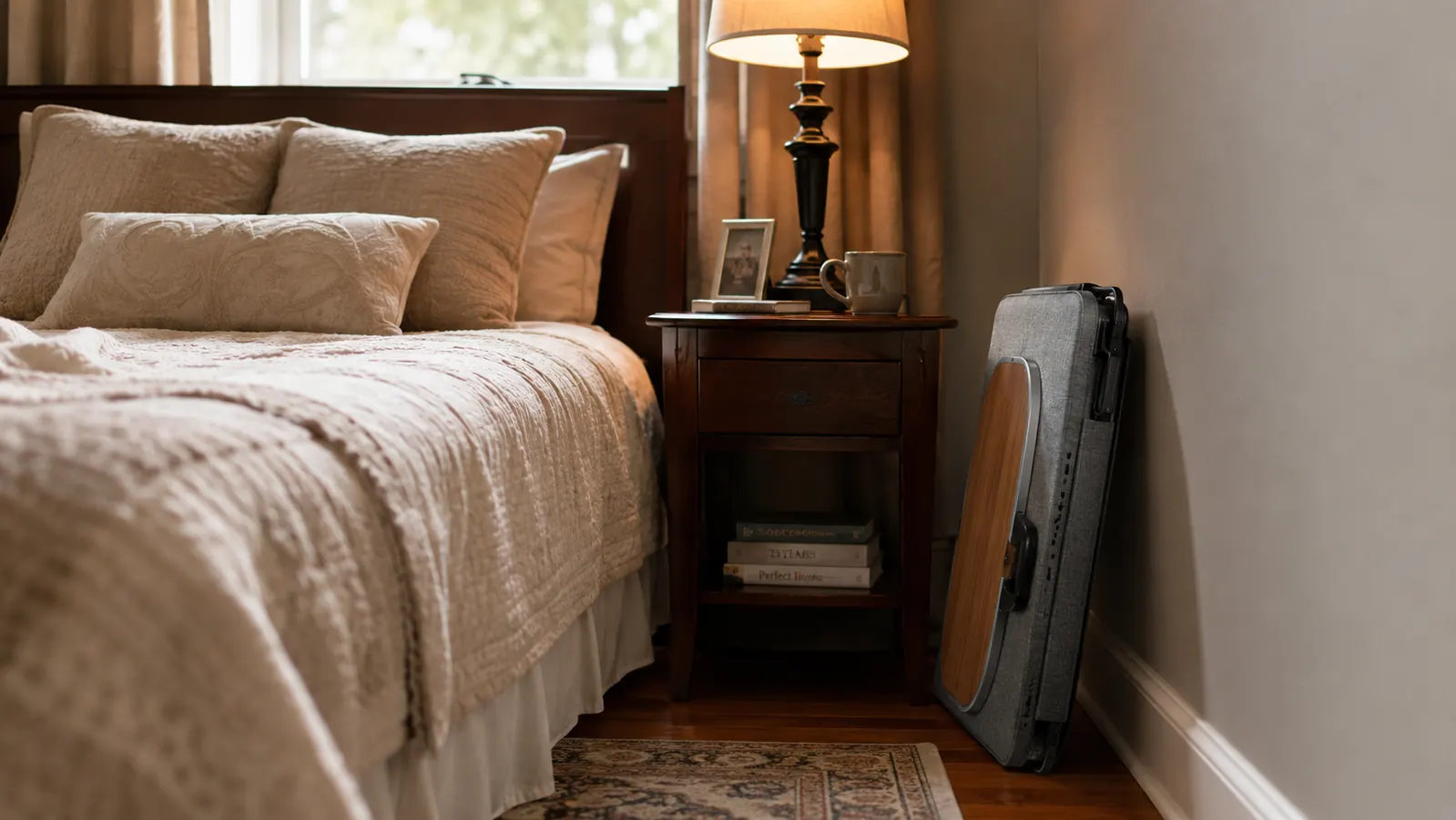 A tidy bedside table with a folded lap desk leaning against it near a made bed