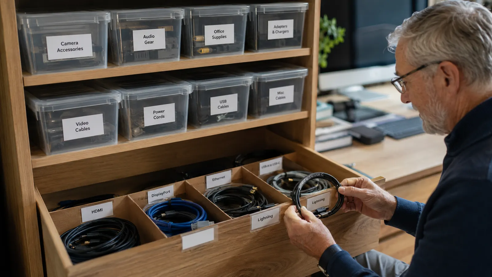 Home office storage shelf with labeled bins and cords organized in a drawer