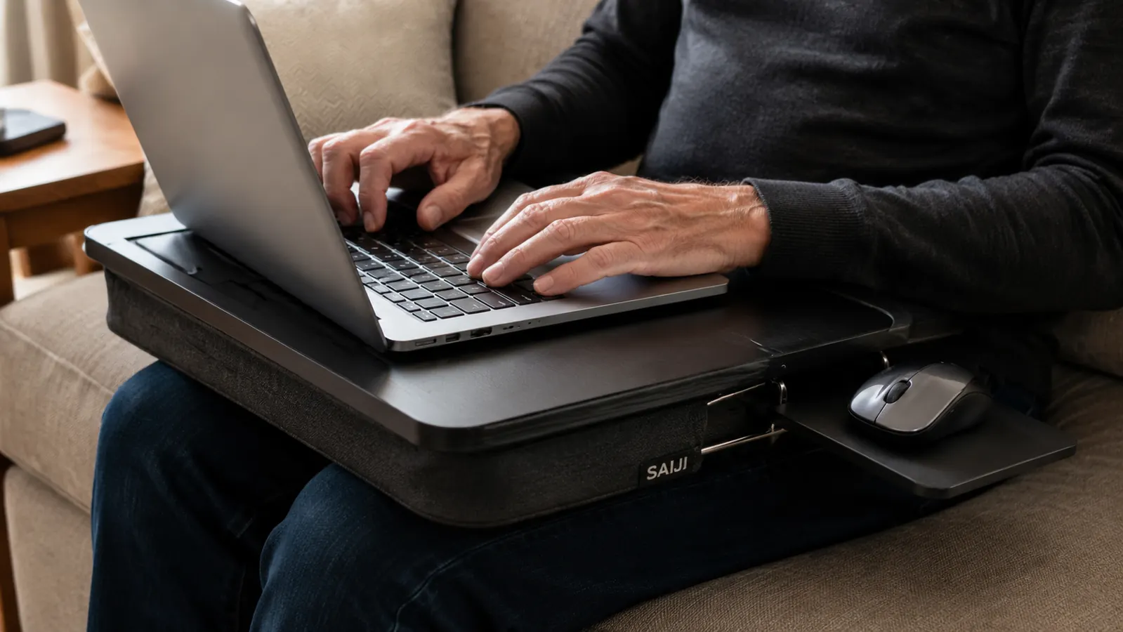 Hands typing on a laptop set on the SAIJI lap desk with the mouse shelf folded out on a couch cushion