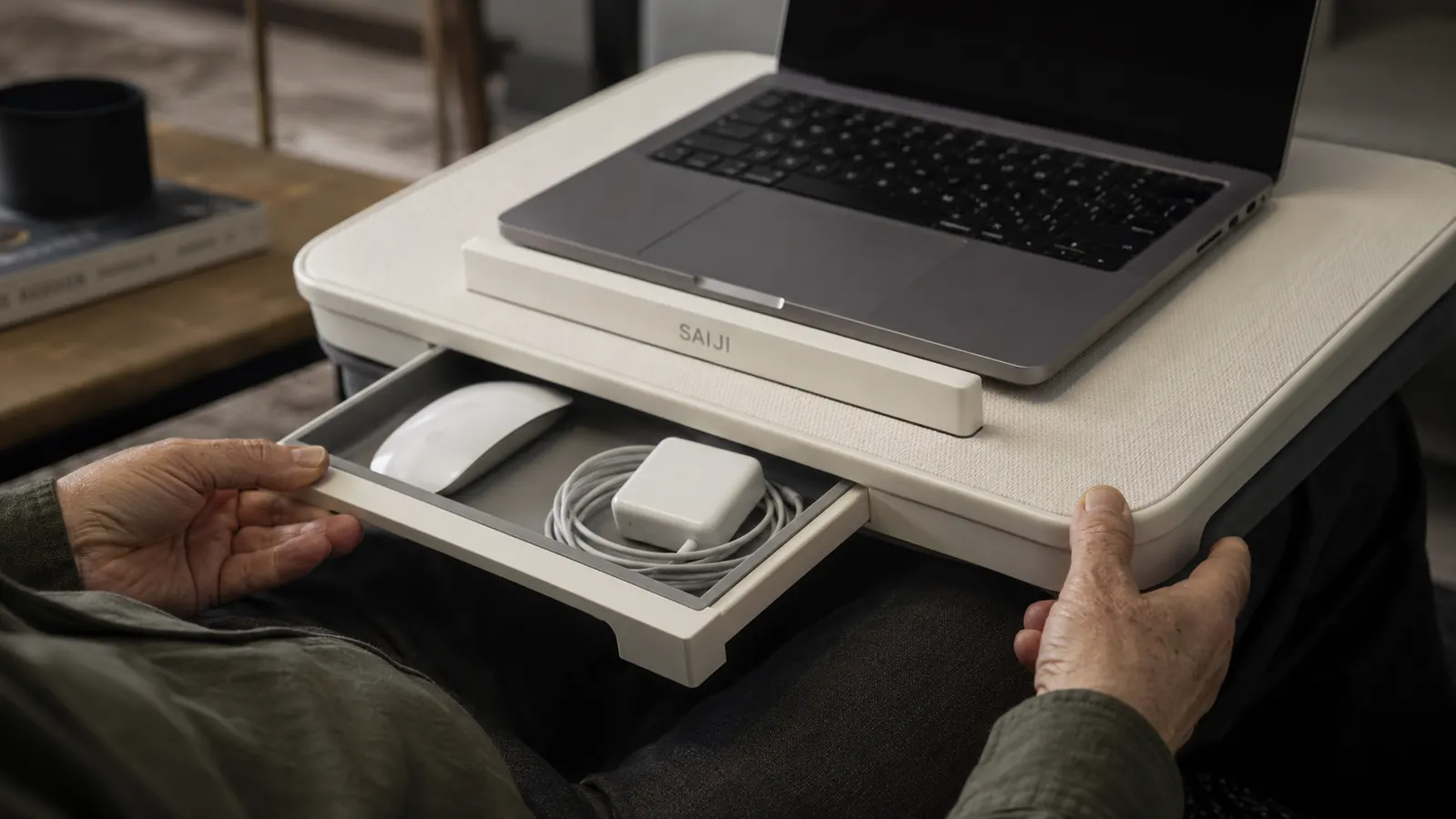 Close-up of hands opening the storage drawer under a lap desk while a laptop sits on top