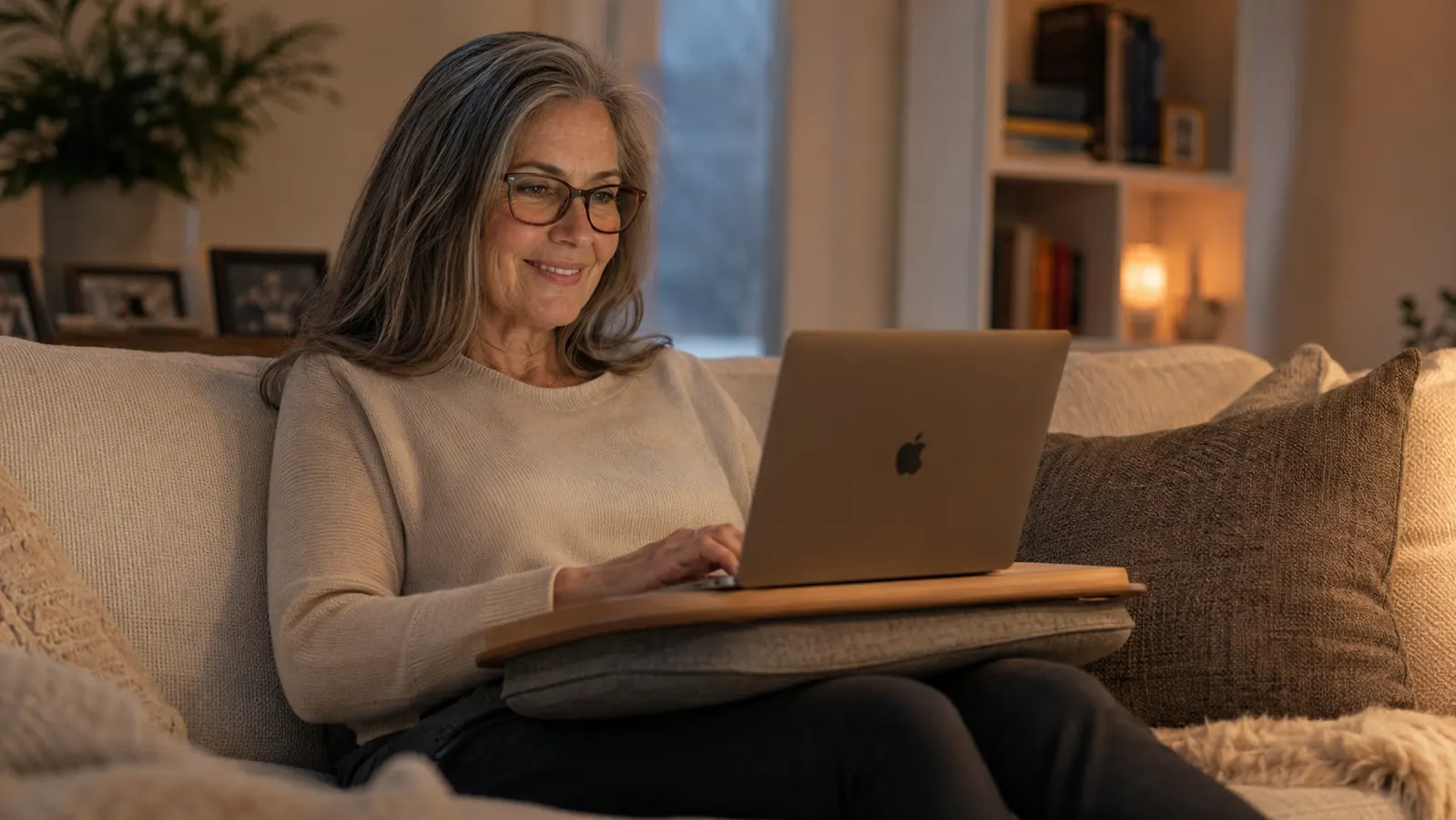 Woman sitting upright and relaxed on a couch working on a laptop set on a lap desk
