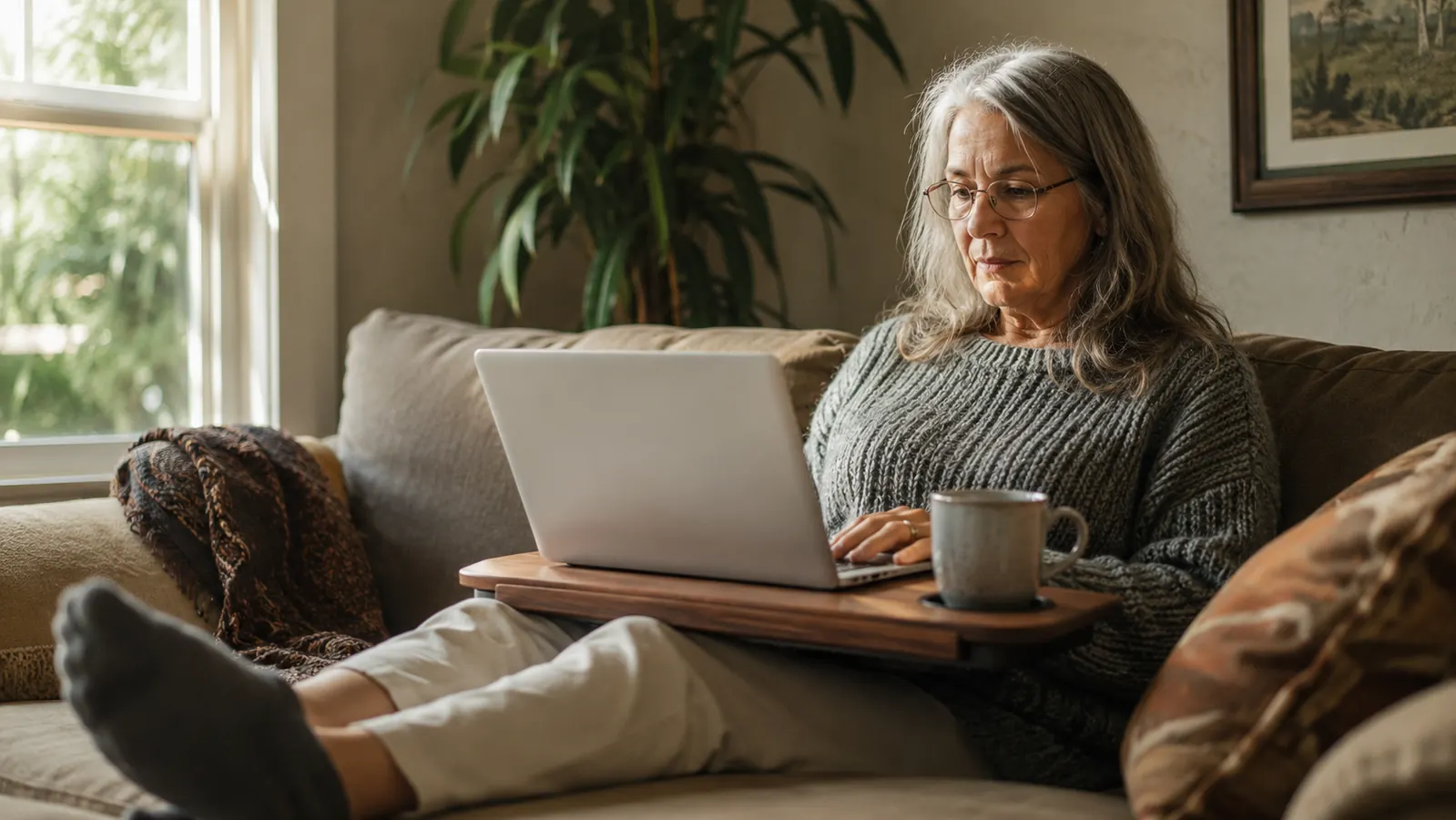 Person working comfortably from a couch with a laptop resting on a lap desk and a cup of coffee nearby