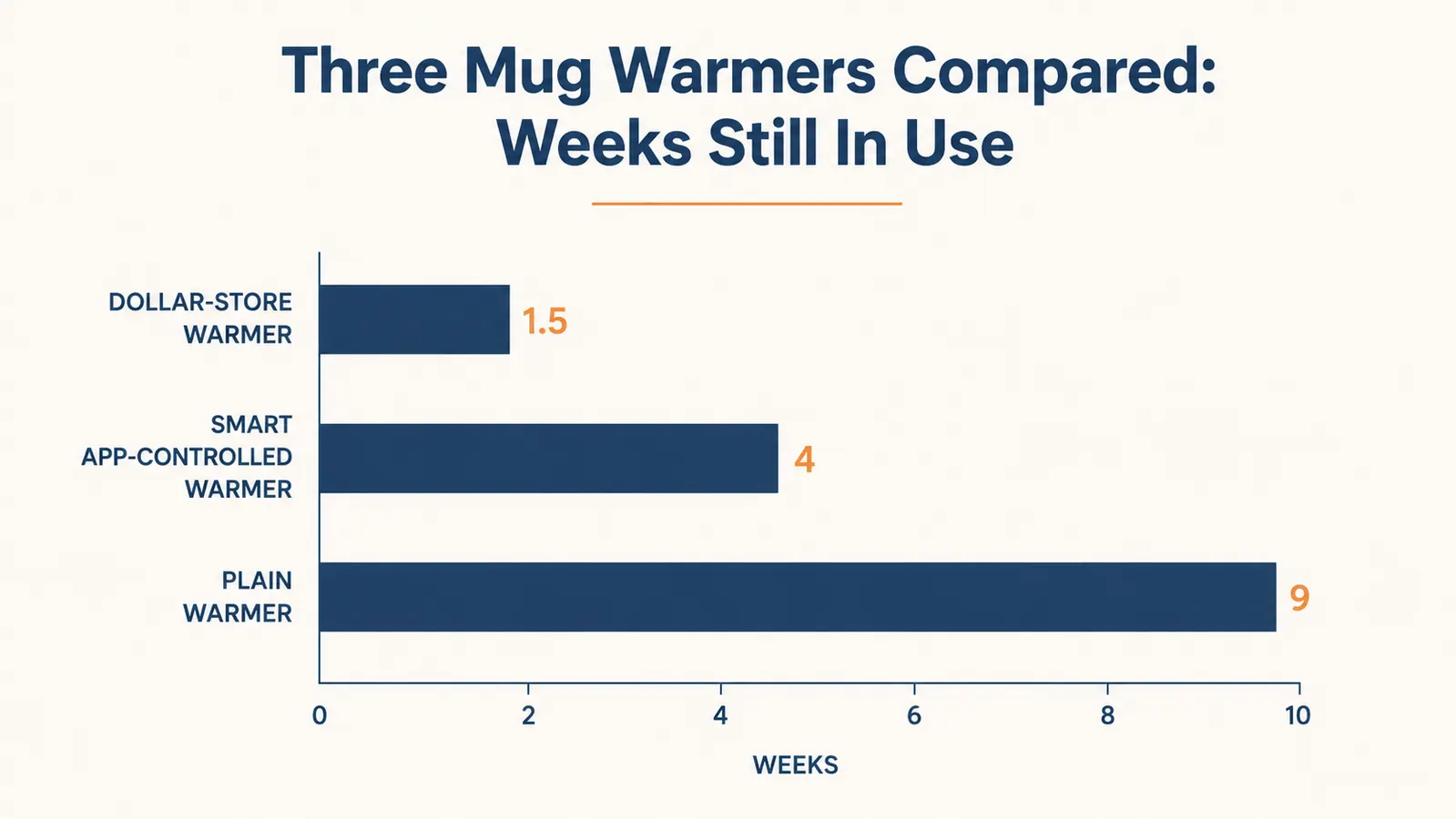 Chart comparing three mug warmers on simplicity, heat consistency, and how long each stayed in daily use