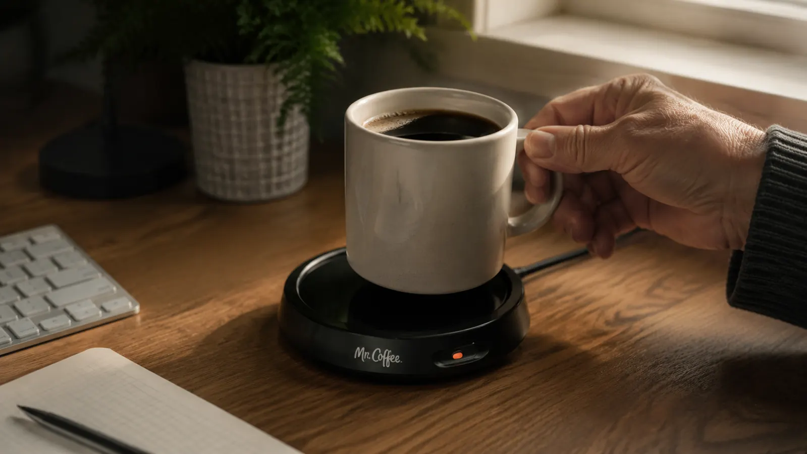 Hand placing a ceramic coffee mug onto the Mr. Coffee mug warmer plate on a desk