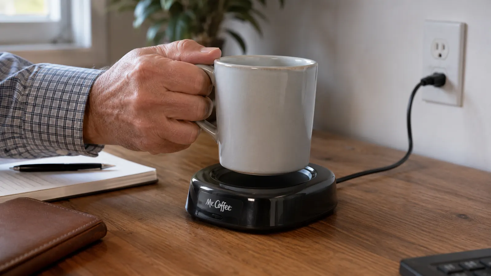 Hand placing a ceramic coffee mug onto an electric mug warmer plate on a desk