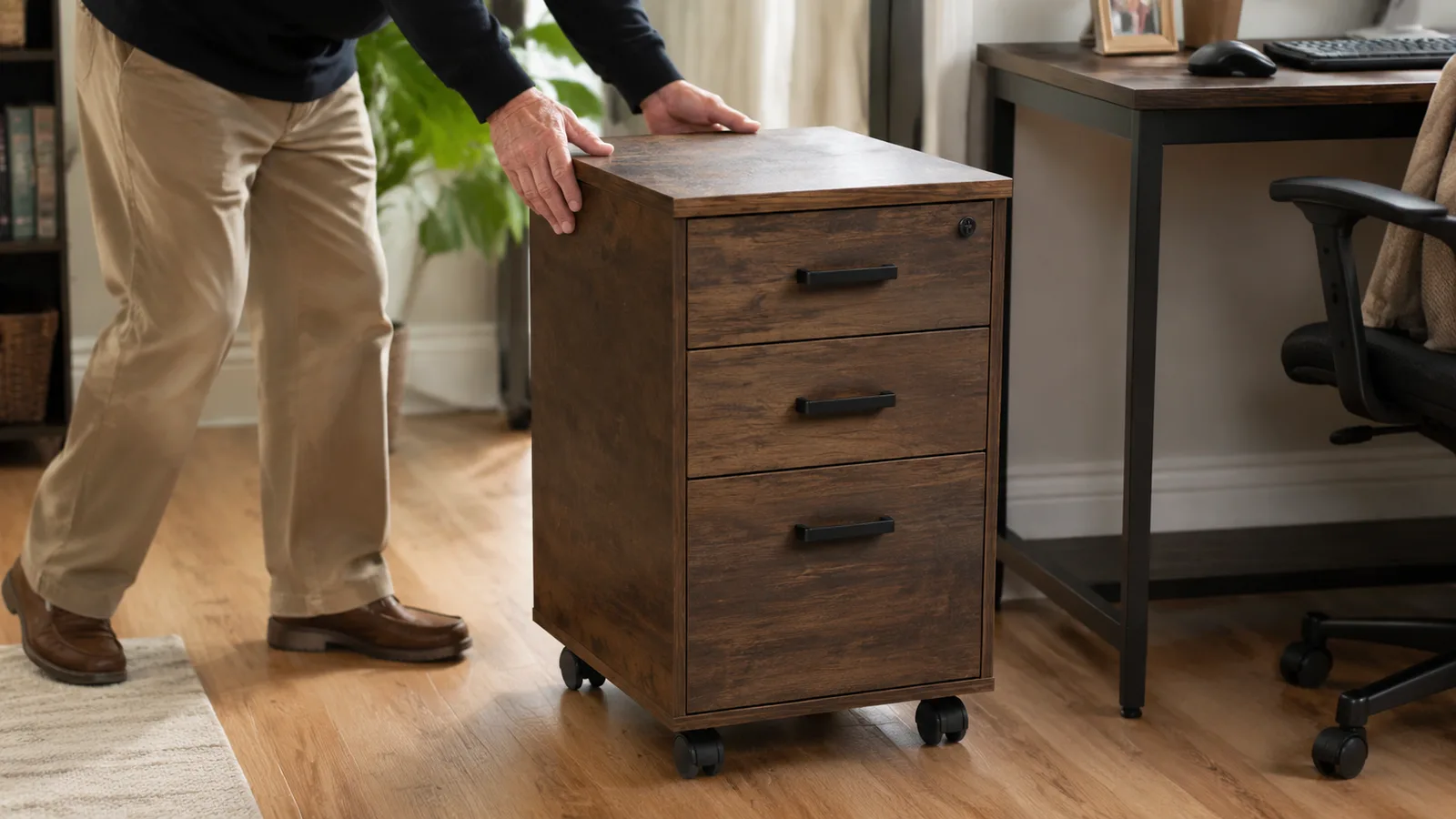 A hand rolling a wood file cabinet on wheels across a home office floor