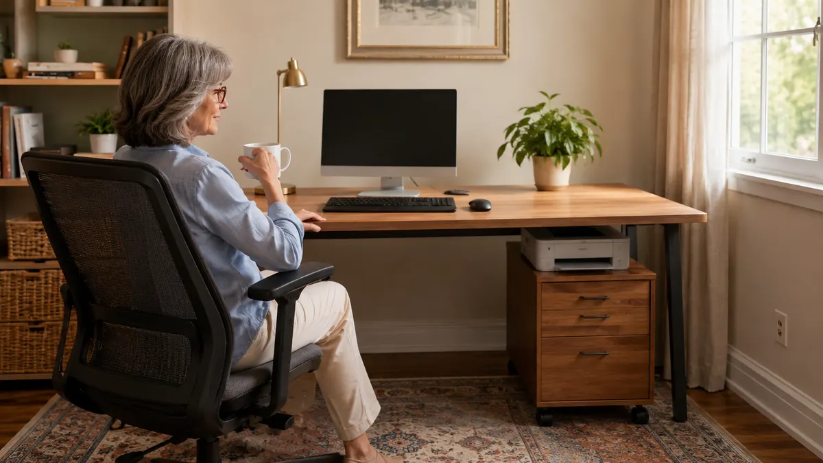 Clean, organized home office desk with the file cabinet tucked neatly to the side