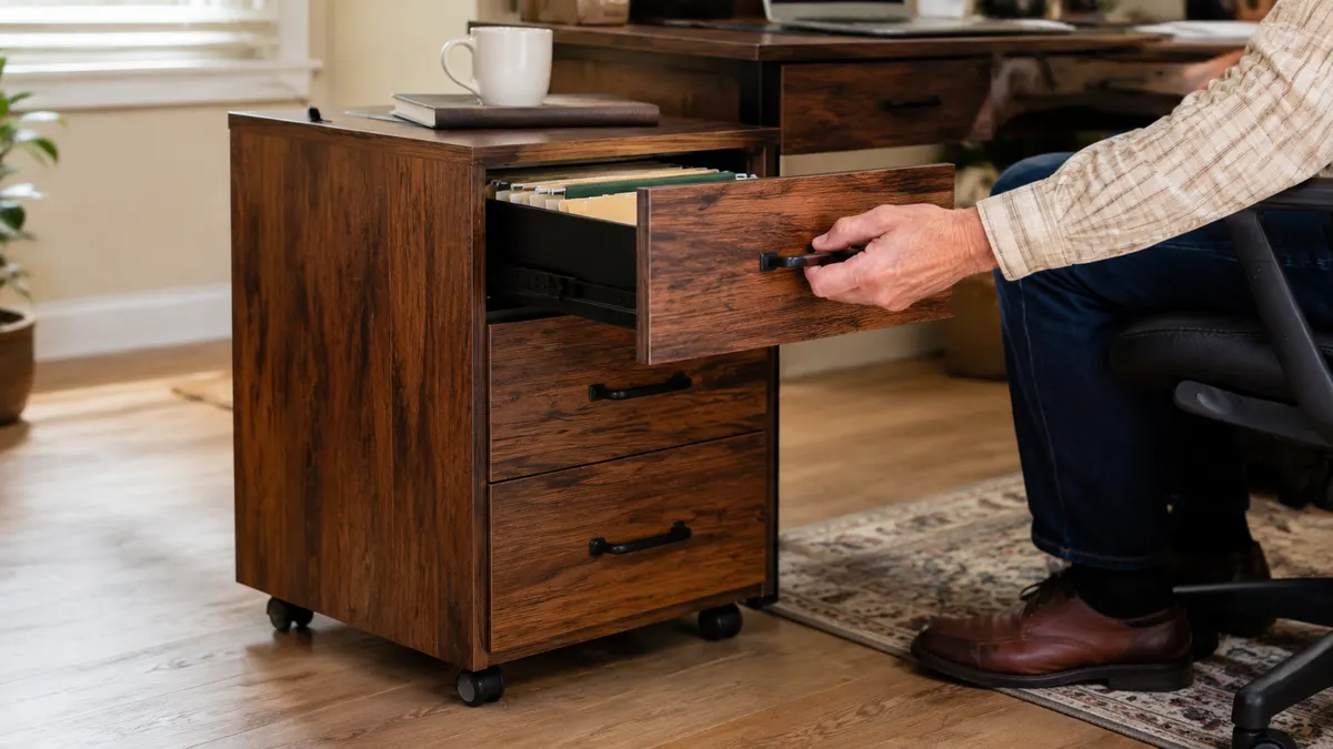 Hand pulling open the top drawer of the rolling file cabinet to reveal folders inside