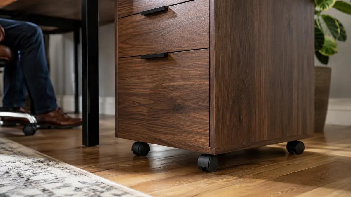Close-up of one caster wheel on the rolling file cabinet against a hardwood floor with a small scuff mark visible nearby