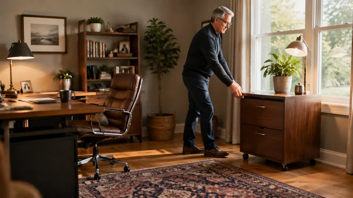 Rolling file cabinet pulled away from the desk on its wheels toward a sunny window