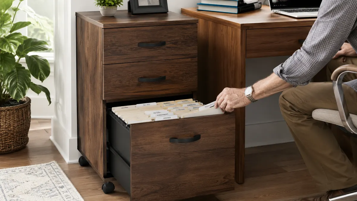 Hanging file folders neatly organized inside the bottom drawer of the cabinet