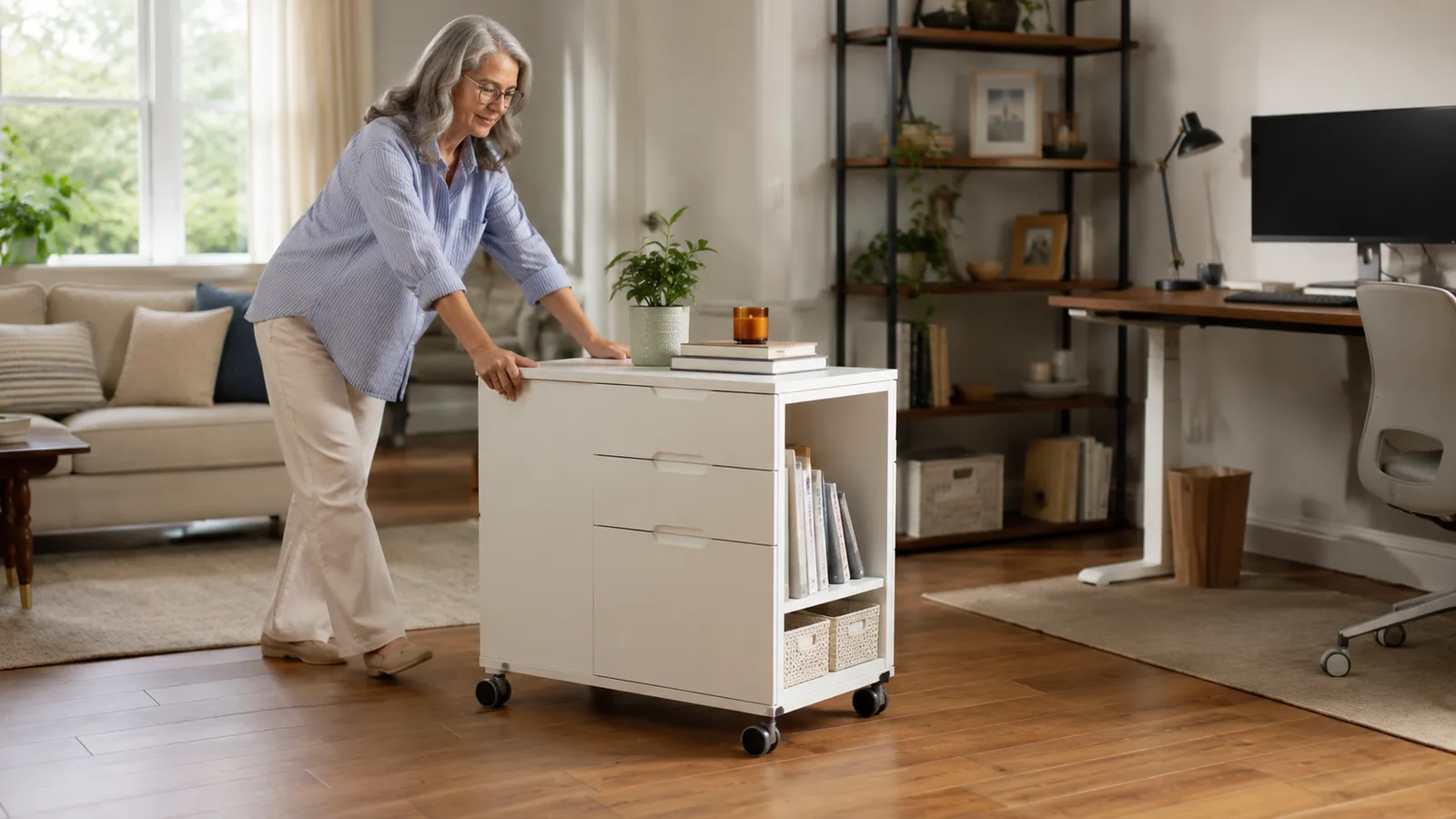 Rolling file cabinet being wheeled across a hardwood floor from one side of a home office to the other