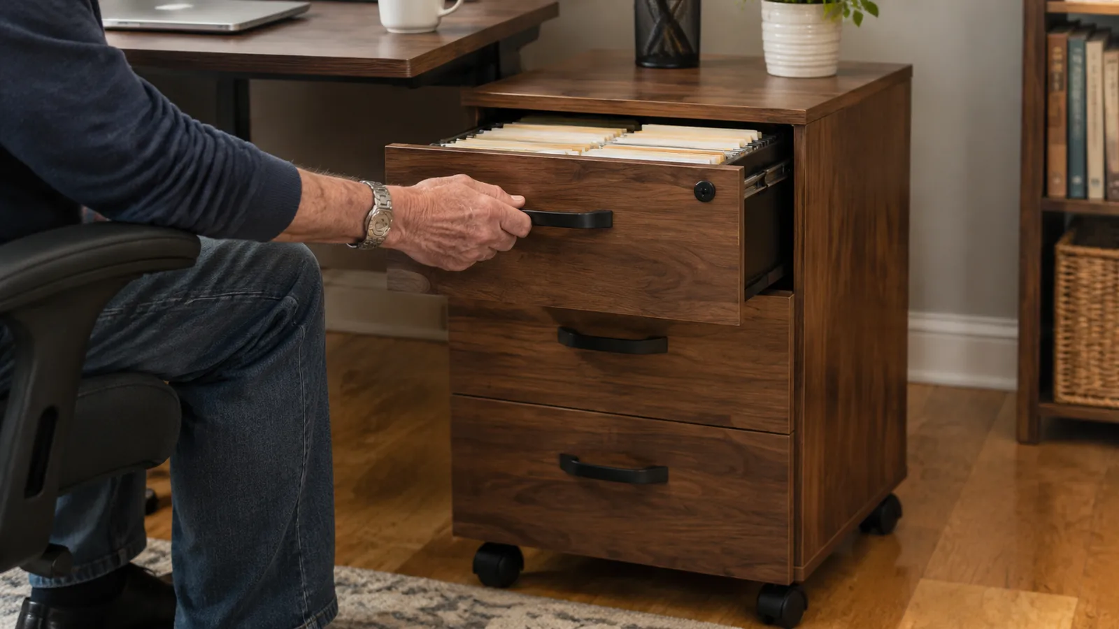 A hand pulling open the top drawer of a walnut DEVAISE rolling file cabinet showing hanging file folders