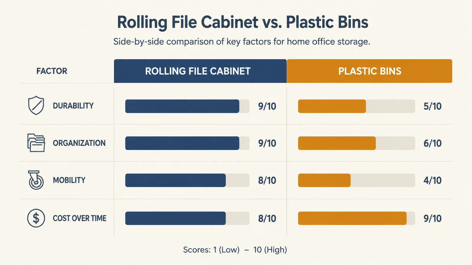Chart comparing rolling file cabinet and plastic storage bins across price, durability, organization, and mobility